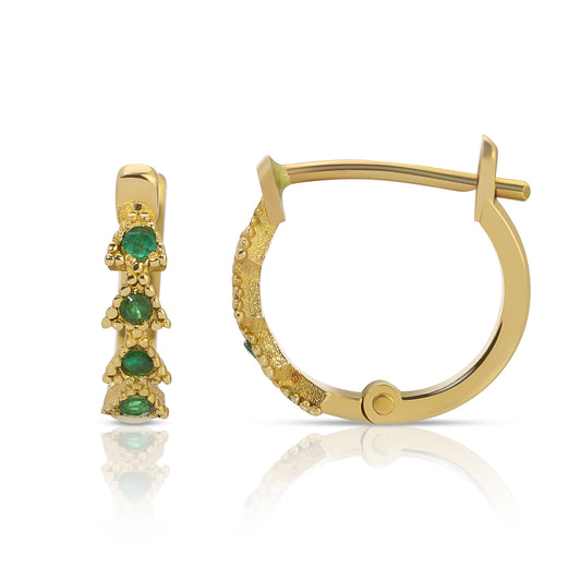 14K Gold 11.5mm Emerald Trinity Huggie Earrings