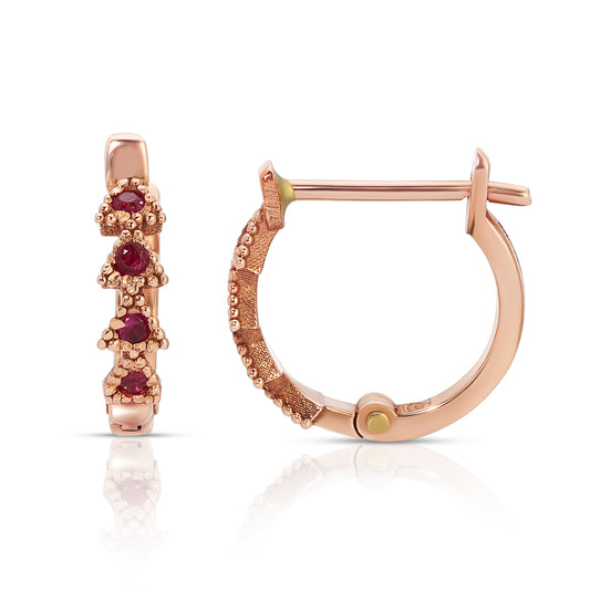 11.5mm Ruby 14K Rose Gold Trinity Huggie Earrings