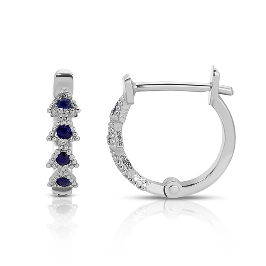 14K White Gold 11.5mm Blue Sapphire Trinity Huggie Earrings