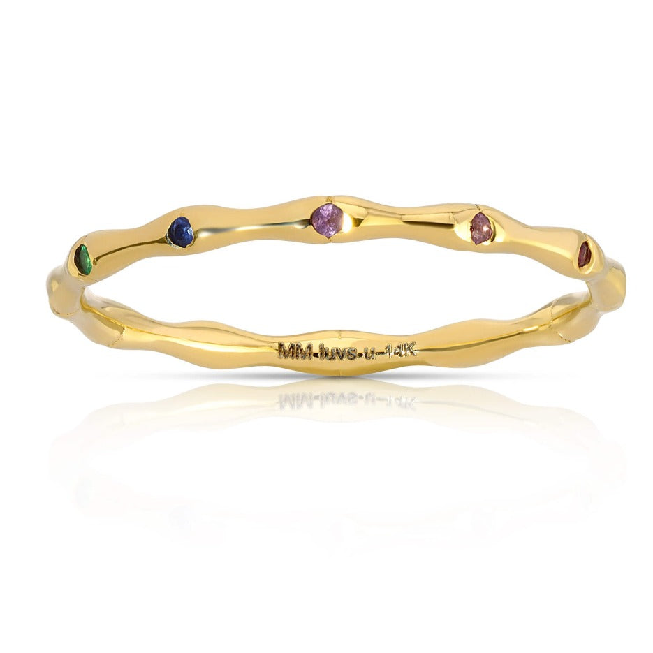 14K Ruby, Sapphire, Emerald & Amethyst Bamboo Ring