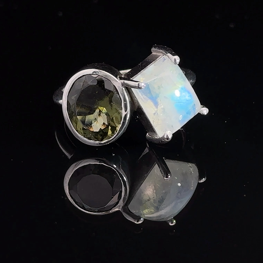 Moldavite and Moonstone Toi et Moi Ring