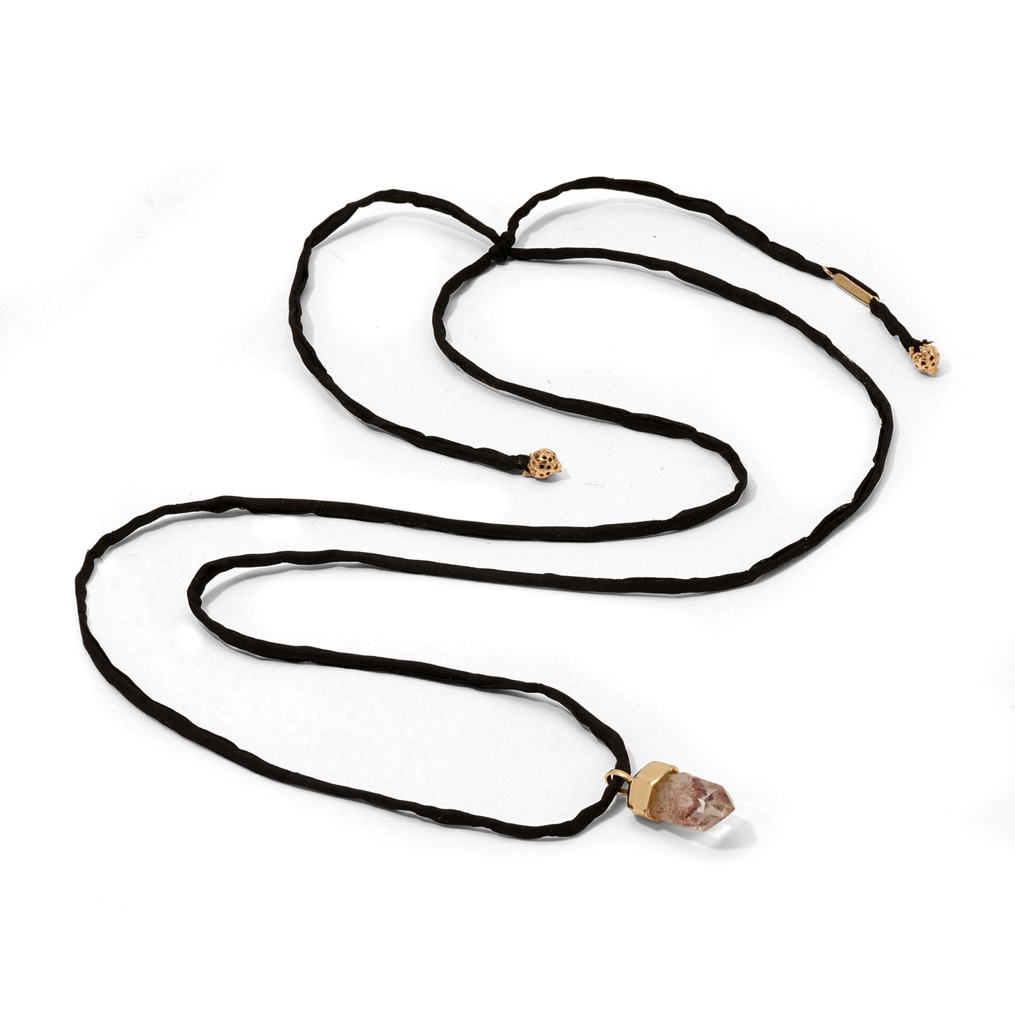 “One-of-a-kind Harlequin Quartz pendant on a black silk cord with 14K gold end caps and MM Luvs U tag.”