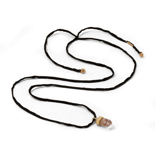 “One-of-a-kind Harlequin Quartz pendant on a black silk cord with 14K gold end caps and MM Luvs U tag.”