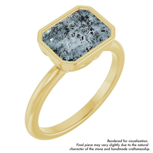 CAD rendering of the emerald-cut Leopard Aquamarine set in a polished 14K yellow gold bezel-set solitaire ring.