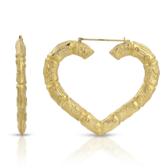 3" Forever Bamboo 10K Gold Heart Hoop Earrings