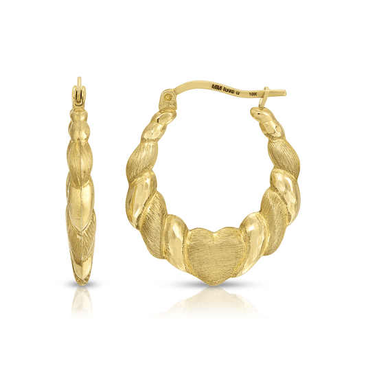 1" 10K Gold Brushed Rope Heart Hoop Earrings