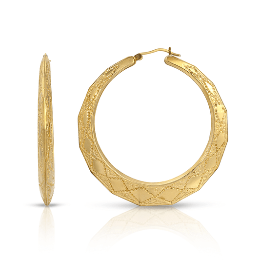 2 1/4" Sacred Geo 10K Gold Etched Pattern Hoop Earrings