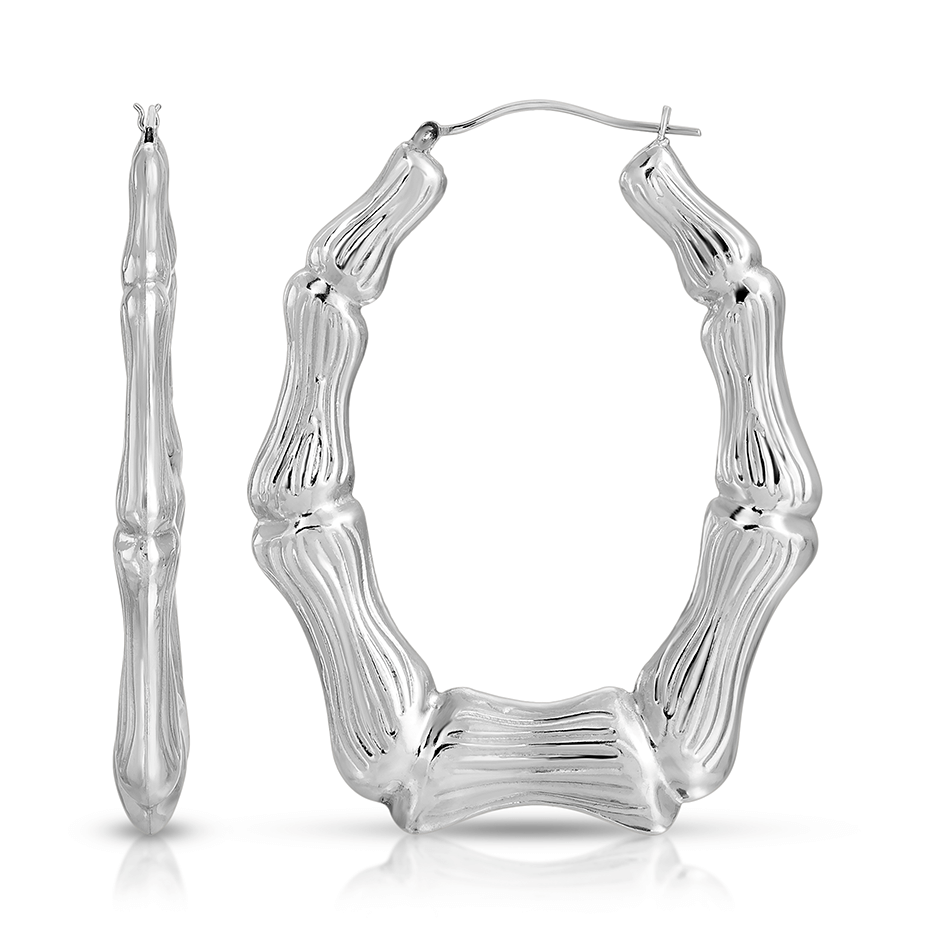 2 3/4" White Gold Forever Bamboo Oval Hoop Earrings
