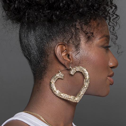 3 1/2" Forever Bamboo 10K Gold Heart Hoop Earrings