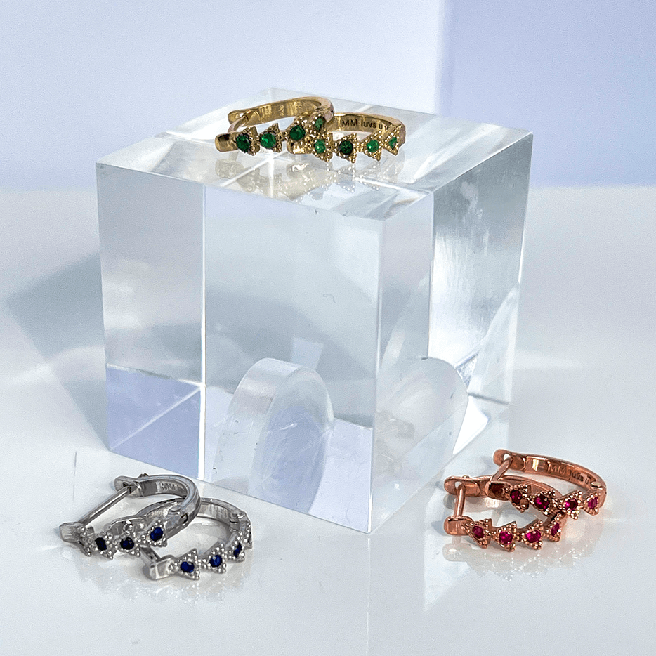 14K Gold 11.5mm Emerald Trinity Huggie Earrings