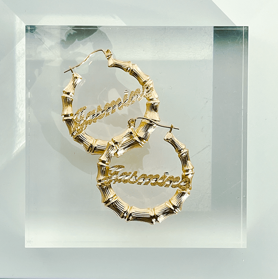 10K Gold Bamboo Earrings with Name Matte Diamond Cut