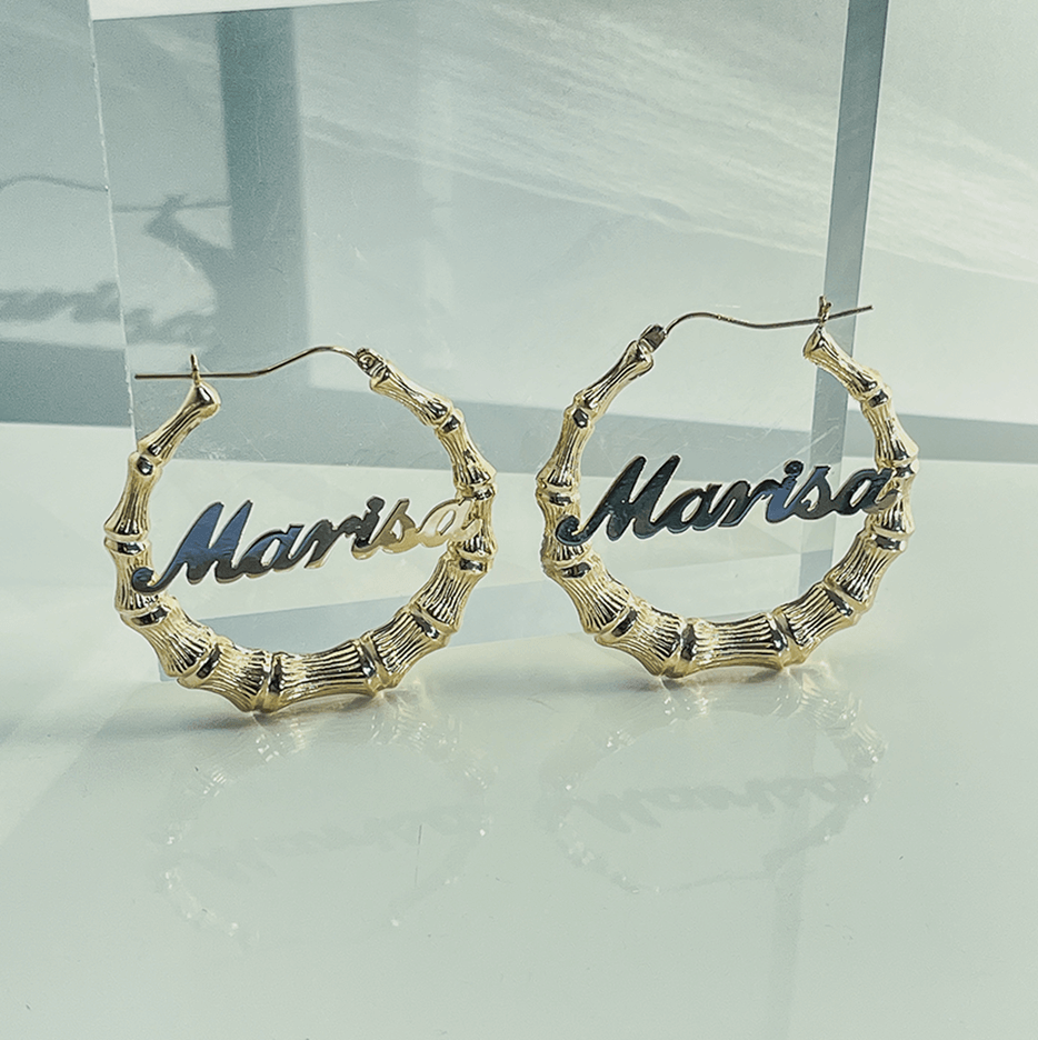 Nameplate Bamboo Hoop Earrings, High Polish