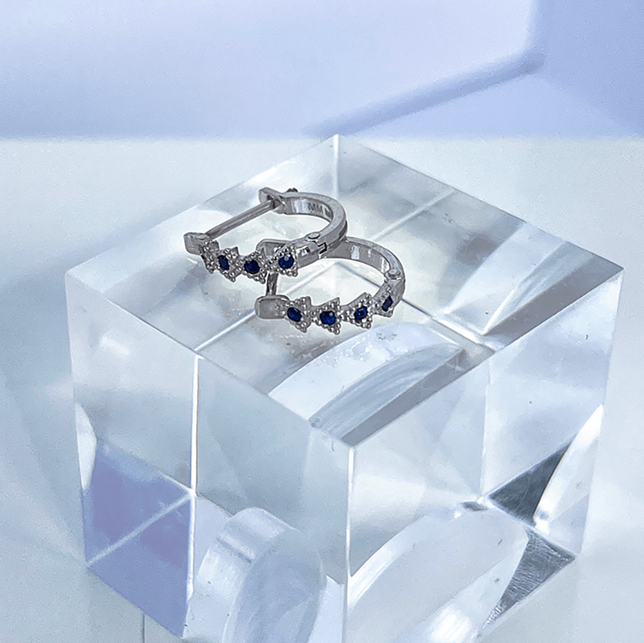 14K White Gold 11.5mm Blue Sapphire Trinity Huggie Earrings