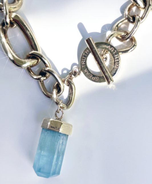 Loose 14K Gold Curb Link Toggle Chain with Natural Aquamarine Charm
