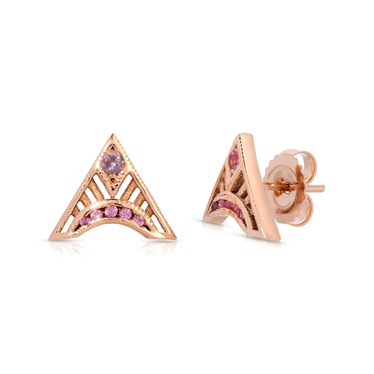 Pink Sapphire Trinity Triangle Stud Earrings