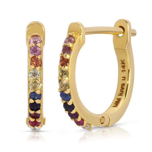 11.5 mm 14K Gold Rainbow Sapphire Diamond Huggie Earrings