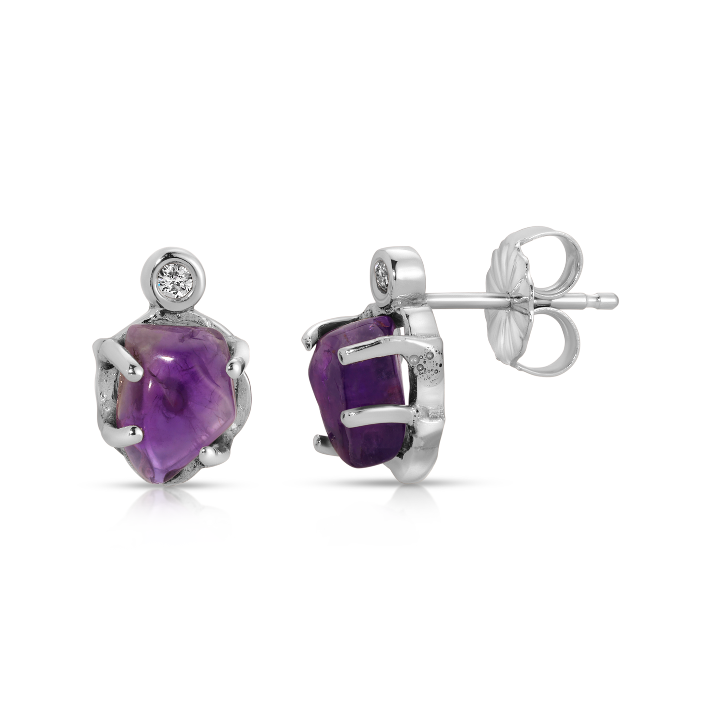 14K White Gold Polished Amethyst and Diamond Studs