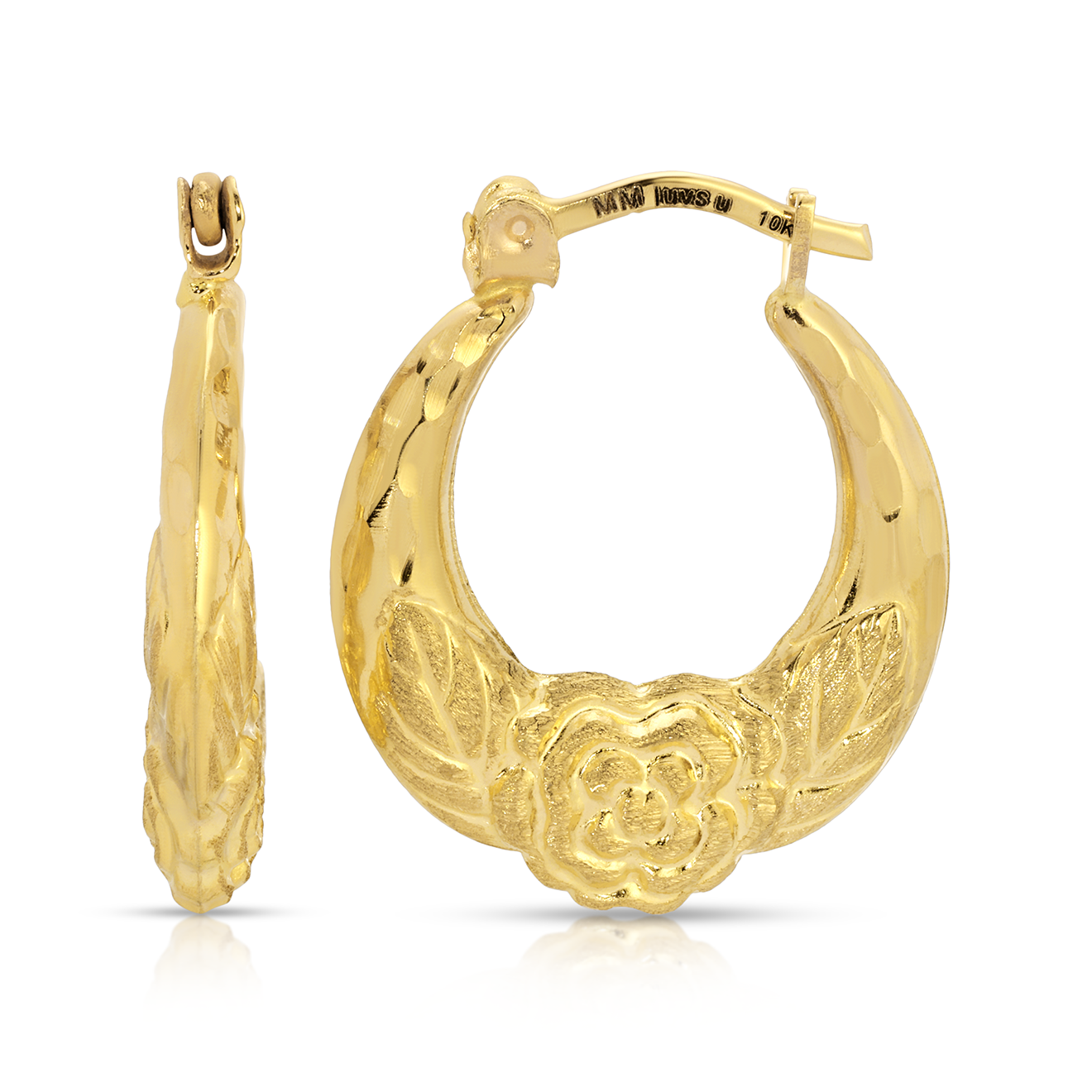 3/4" 10K Gold Etched Rose Hoop Earrings