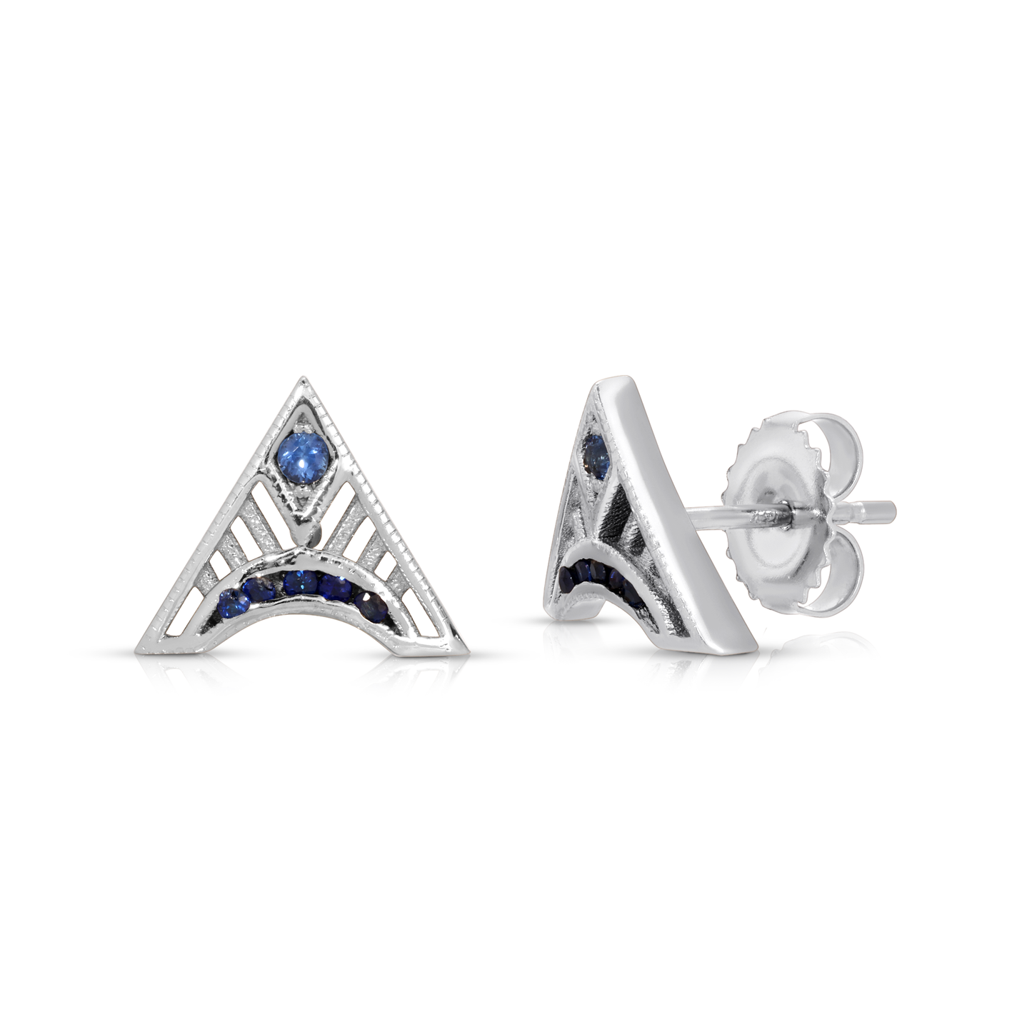 Blue Sapphire Trinity Triangle Stud Earrings