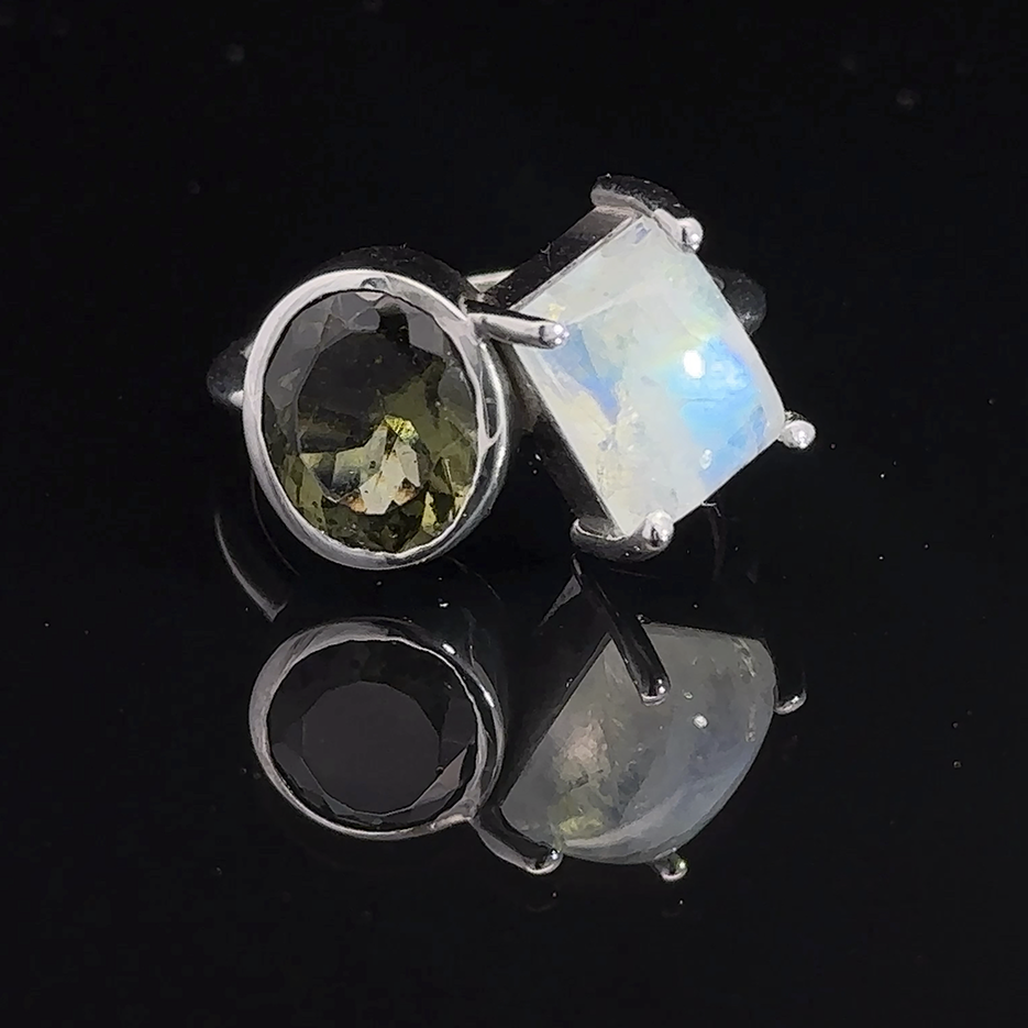 Moldavite and Moonstone Toi et Moi Ring