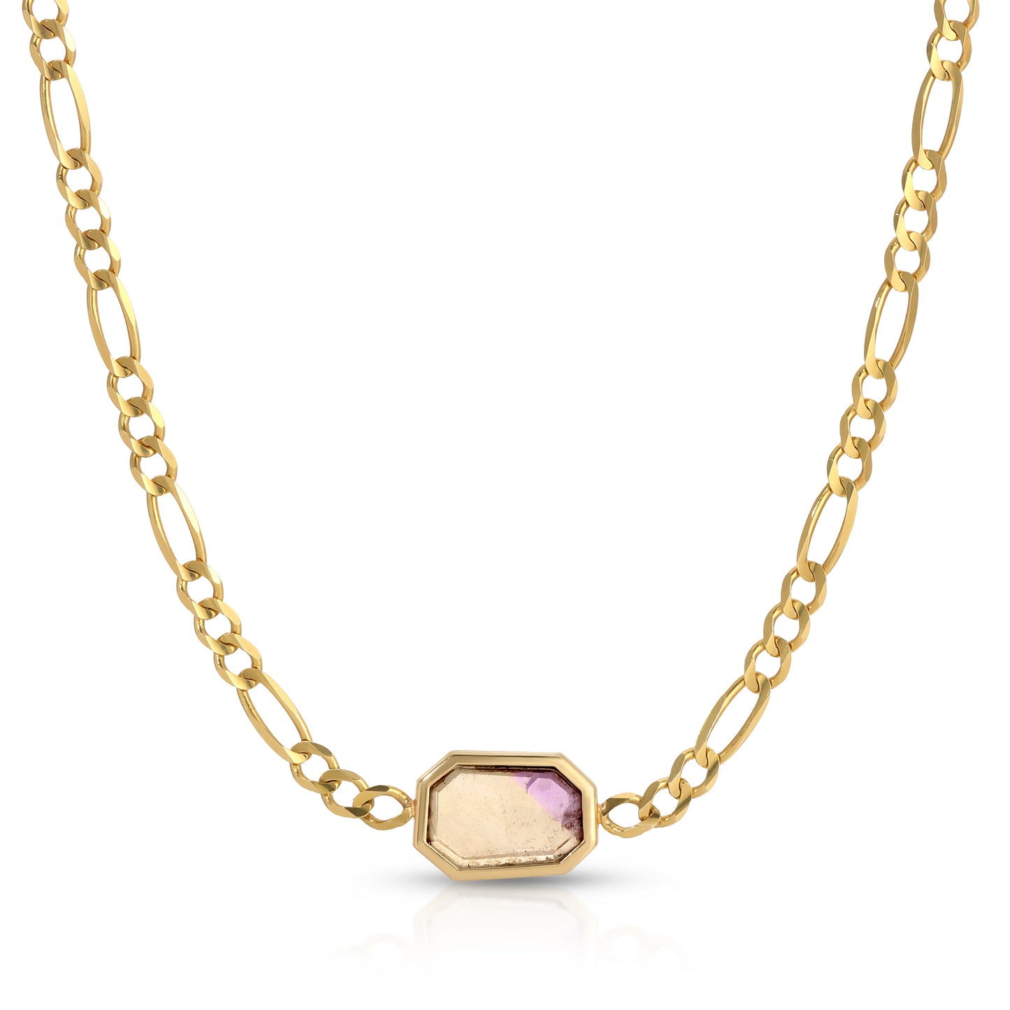 Close-up of 14K gold Figaro choker featuring a 9.1ct portrait-cut ametrine gemstone in open-bezel setting, handmade in Los Angeles by Michelle Minott Fine Jewelry.