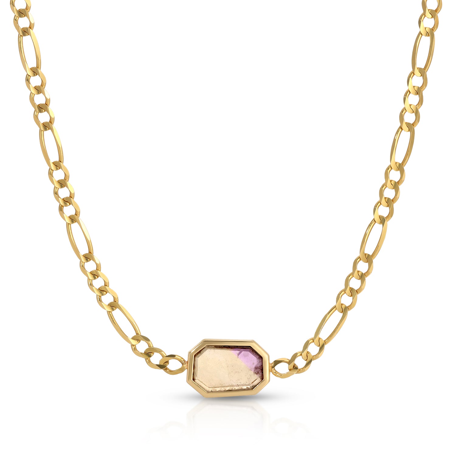 Close-up of 14K gold Figaro choker featuring a 9.1ct portrait-cut ametrine gemstone in open-bezel setting, handmade in Los Angeles by Michelle Minott Fine Jewelry.