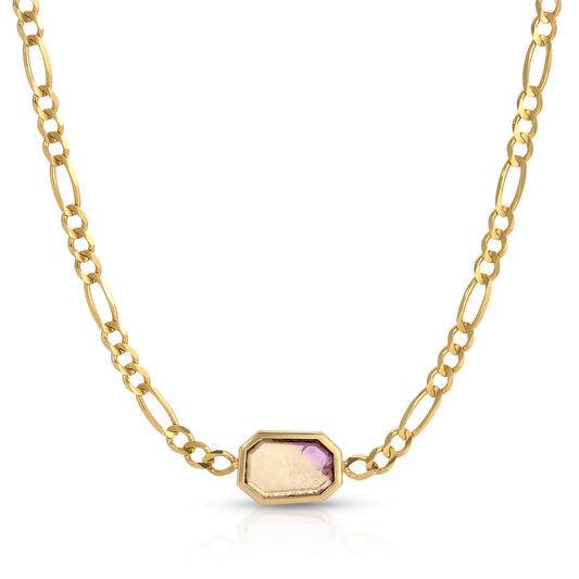 Close-up of 14K gold Figaro choker featuring a 9.1ct portrait-cut ametrine gemstone in open-bezel setting, handmade in Los Angeles by Michelle Minott Fine Jewelry.