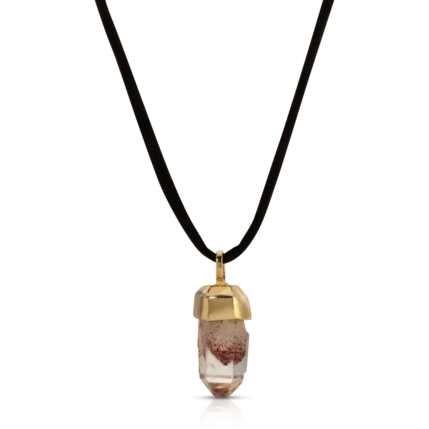 Close-up of a 14K gold-capped Harlequin Quartz crystal pendant on a black silk cord.