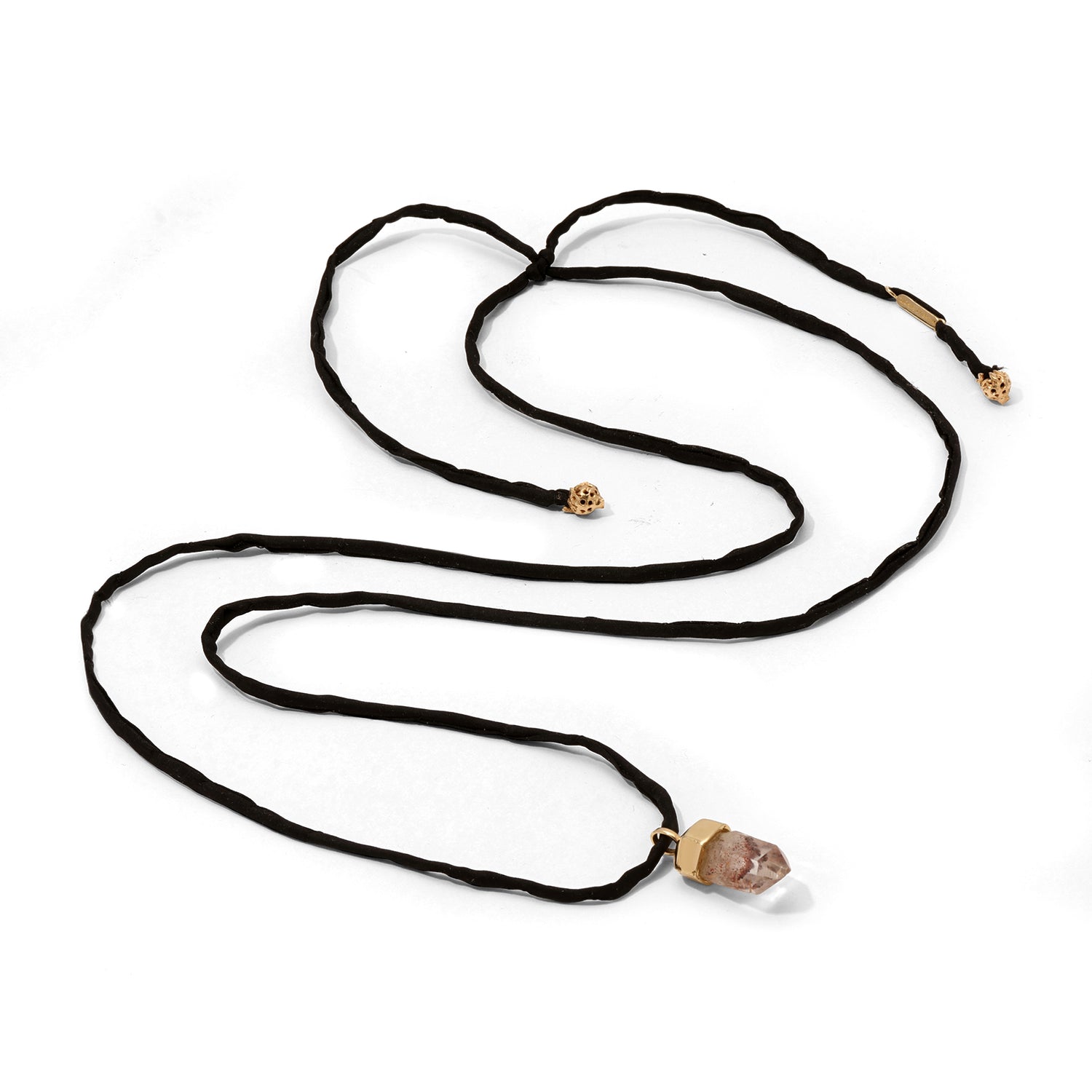 “One-of-a-kind Harlequin Quartz pendant on a black silk cord with 14K gold end caps and MM Luvs U tag.”