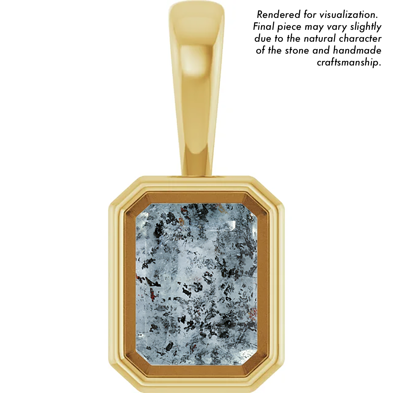 CAD rendering of the emerald-cut Leopard Aquamarine set in a 14K yellow gold bezel-set pendant on a cable chain.