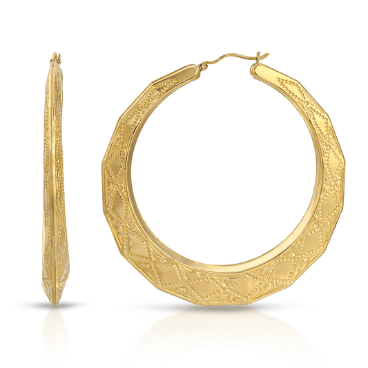 3" Sacred Geo 10K Gold Etched Pattern Hoop Earrings
