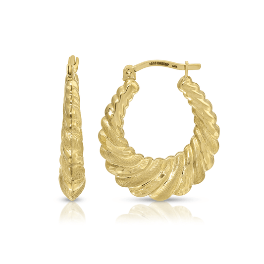 1" 10K Gold Brushed Swirl Hoop Earrings