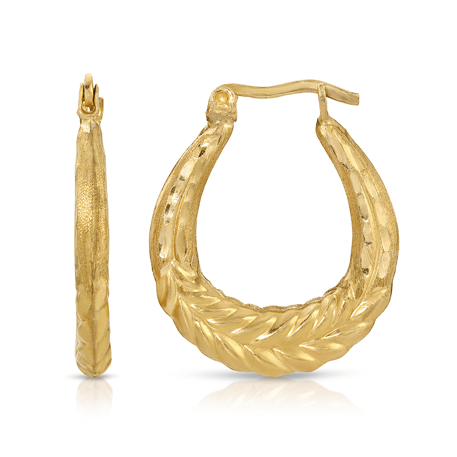 1" 10K Gold Fleur Leaf Etched Hoop Earrings