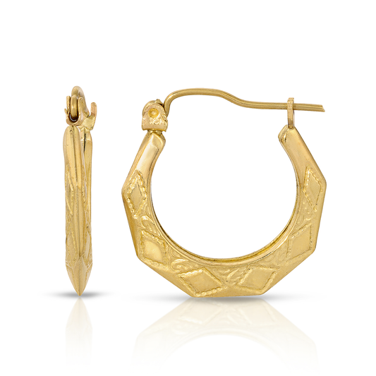 3/4" 10K Gold Sacred Geo Etched Design Hoop Earrings