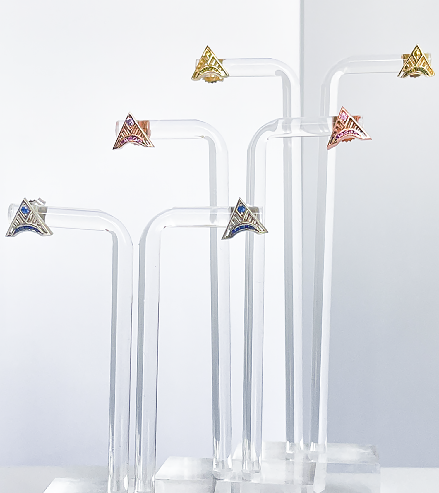 yellow gold/yellow sapphire, rose gold/ pink sapphire, white gold/ blue sapphire trinity triangle stud earring