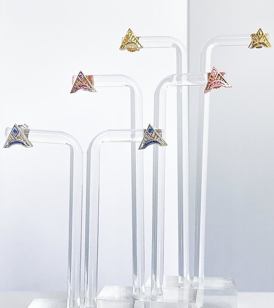yellow gold/yellow sapphire, rose gold/ pink sapphire, white gold/ blue sapphire trinity triangle stud earring