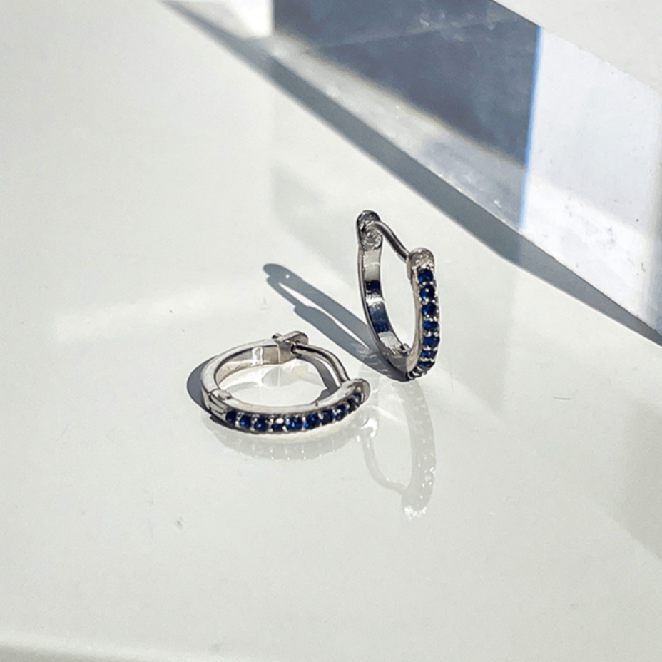 11.5mm 14K White Gold Blue Sapphire Huggie Earrings