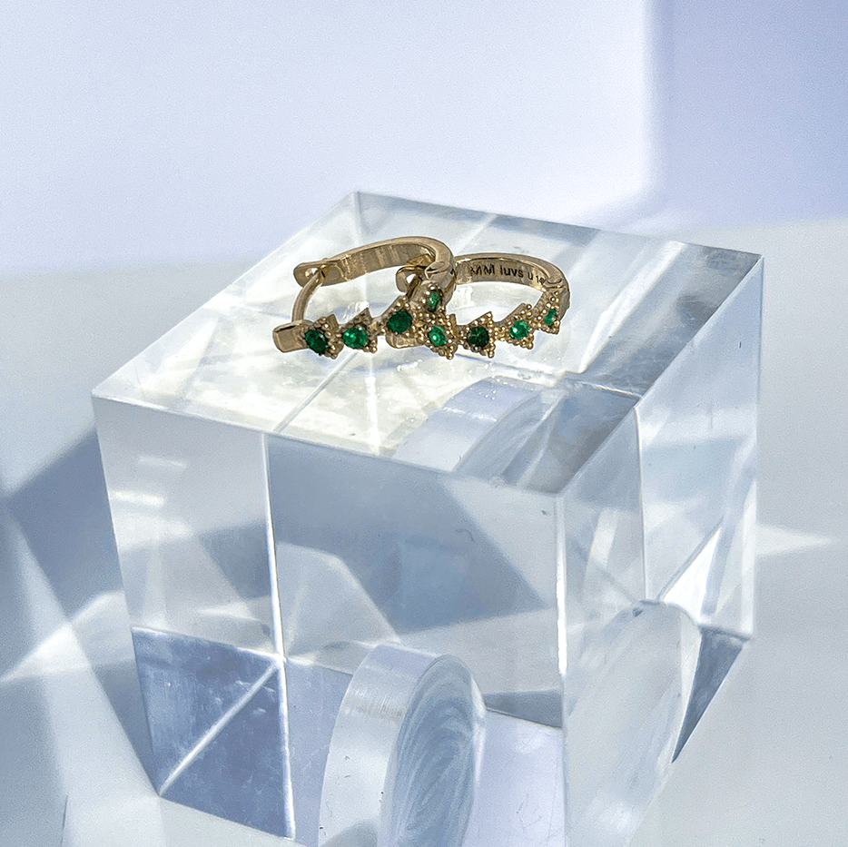 14K Gold 11.5mm Emerald Trinity Huggie Earrings