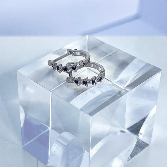 14K White Gold 11.5mm Blue Sapphire Trinity Huggie Earrings