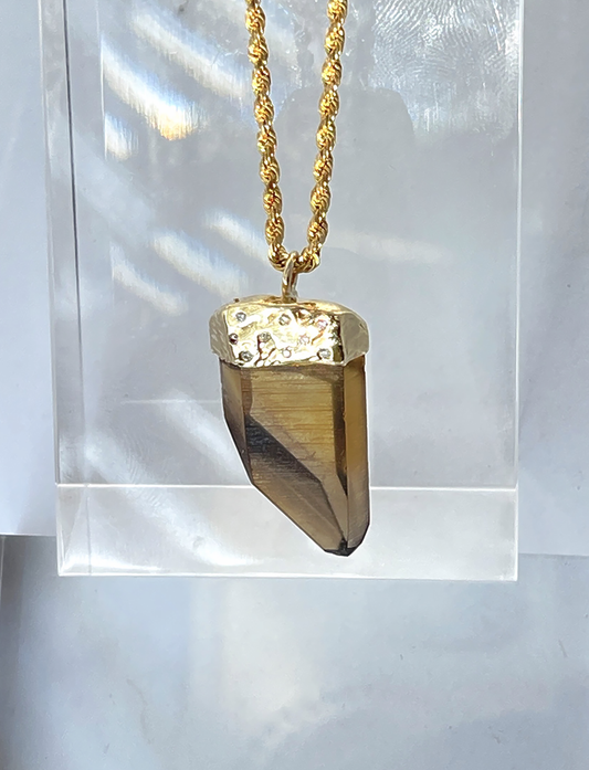 Diamond Bezel Set Smoky Citrine Pendant on Gold Rope Chain